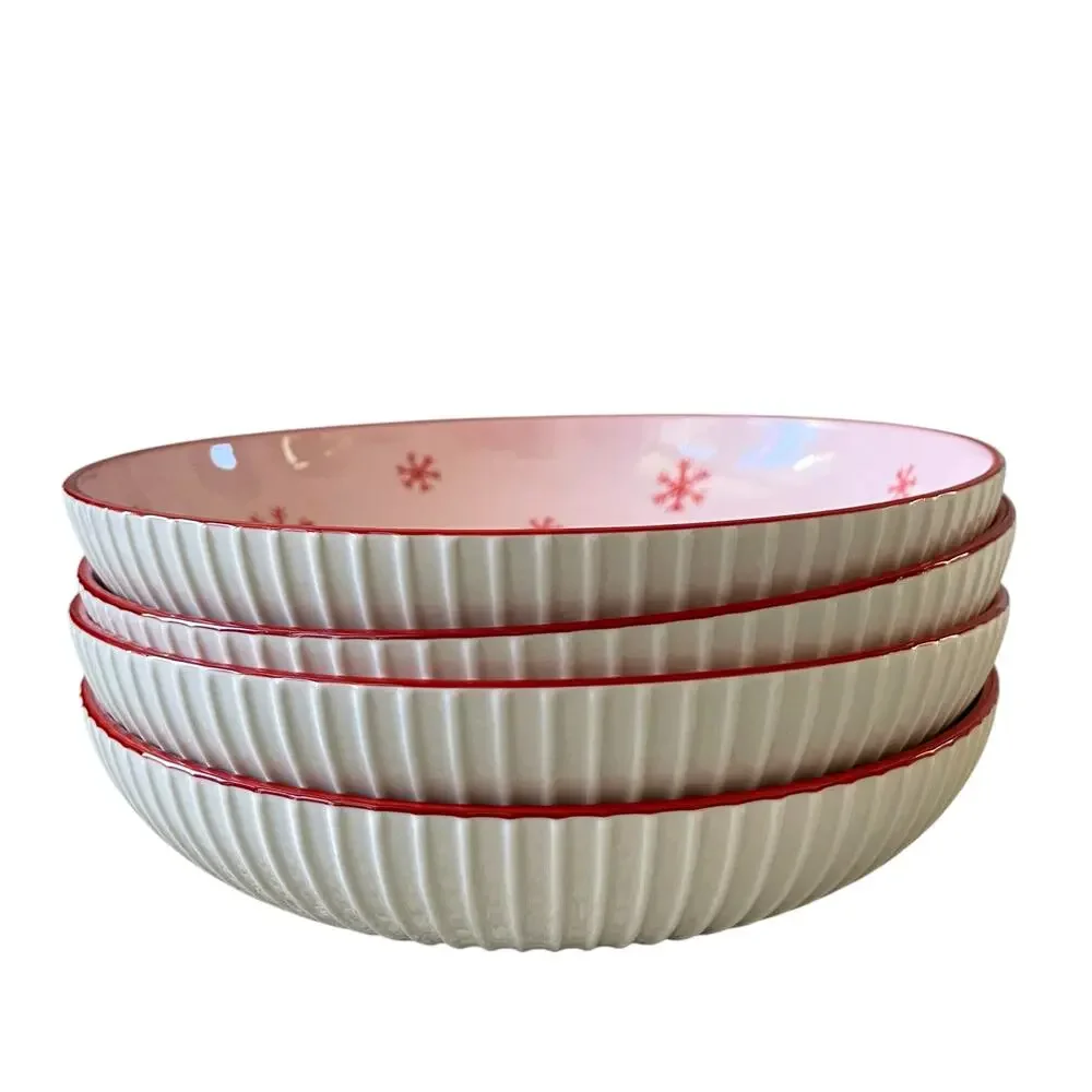 Christmas JOLLY SANTA Dinner Bowl Set of 4 Ceramic Pink Red PrimaDesign Holiday